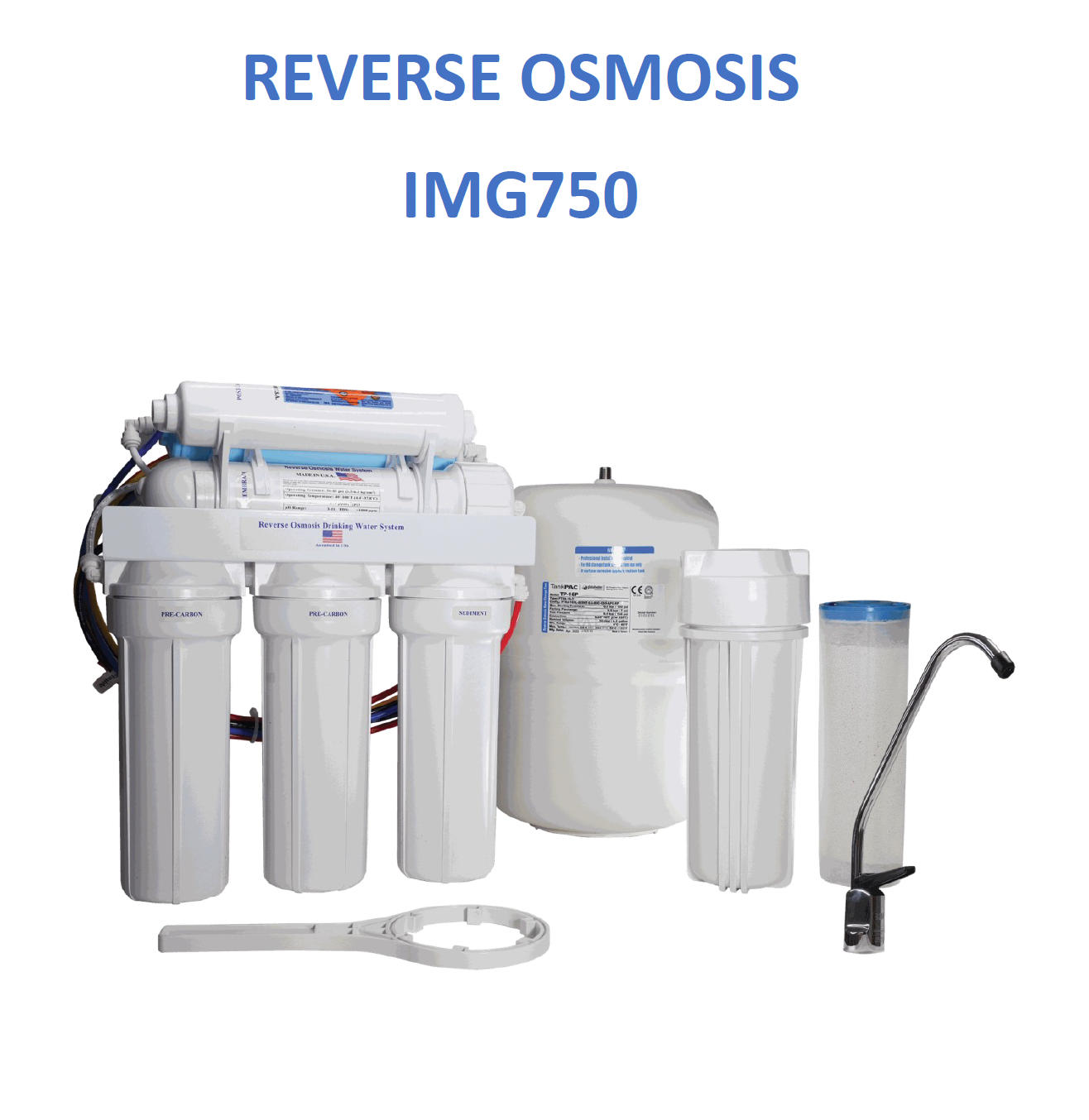 Sistema Reverse Osmosis IMG750 con filtros, tanque de reserva y grifo cromado